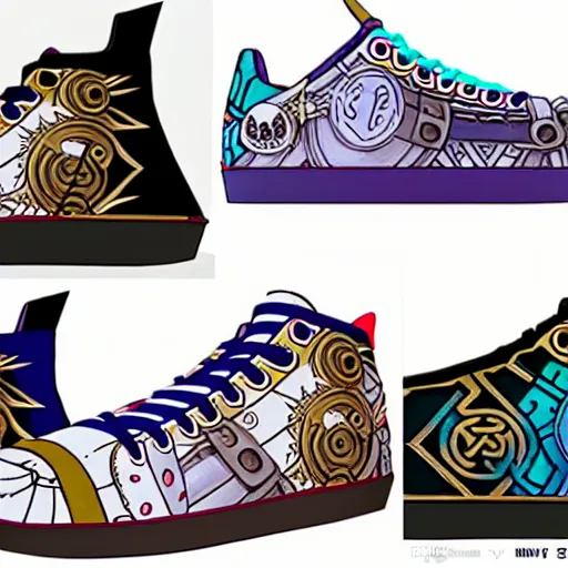 Image similar to fantasy anime jrpg sneaker design designed by studio ghibli, chrono trigger guilty gear style, aztec mayan street fashion native punk sneaker design, hip hop sneaker design with subtle mayan patterns, gapmoe yandere grimdark, trending on pixiv fanbox, painted by greg rutkowski makoto shinkai takashi takeuchi studio ghibli, akihiko yoshida