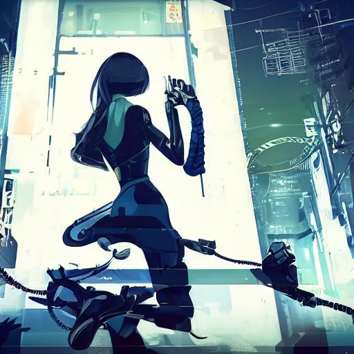 Prompt: Frequency indie album cover, luxury advertisement, white and navy colors. highly detailed post-cyberpunk sci-fi close-up detective mercenary cyborg girl in asian city in style of cytus and deemo, mysterious vibes, by Ilya Kuvshinov, by Greg Tocchini, nier:automata, set in half-life 2, beautiful with eerie vibes, very inspirational, very stylish, with gradients, surrealistic, dystopia, postapocalyptic vibes, depth of filed, mist, rich cinematic atmosphere, perfect digital art, mystical journey in strange world, beautiful dramatic dark moody tones and studio lighting, shadows, bastion game, arthouse