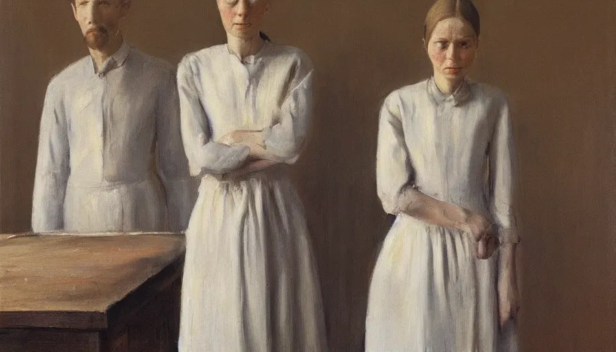 Image similar to painting by borremans, a man and woman with vase instead of the head, detailed, stunning