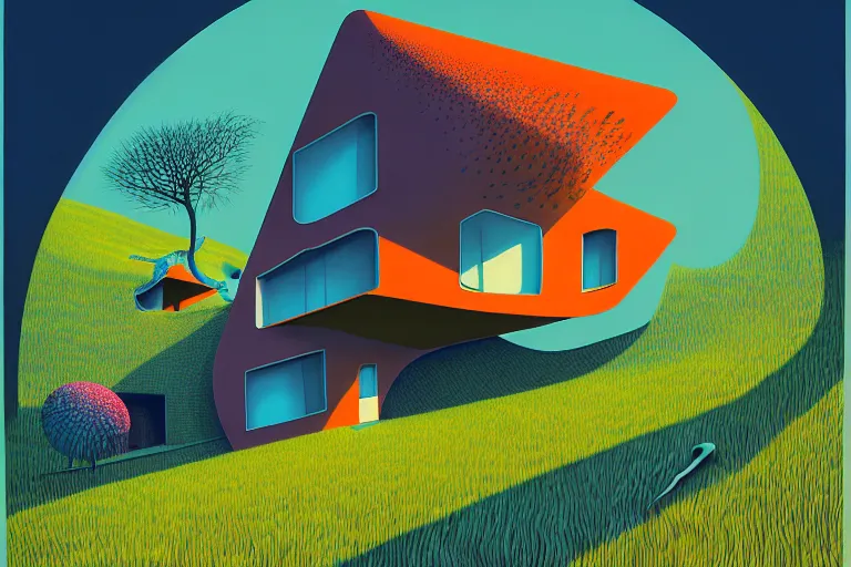 Image similar to surreal glimpse into other universe, house by zaha hadid, summer morning, very coherent and colorful high contrast, art by!!!! gediminas pranckevicius!!!!, geof darrow, floralpunk screen printing woodblock, dark shadows, hard lighting, stipple brush technique,