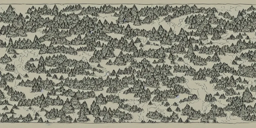 Prompt: A detailed hand drawn map of the forest with mountains and rivers