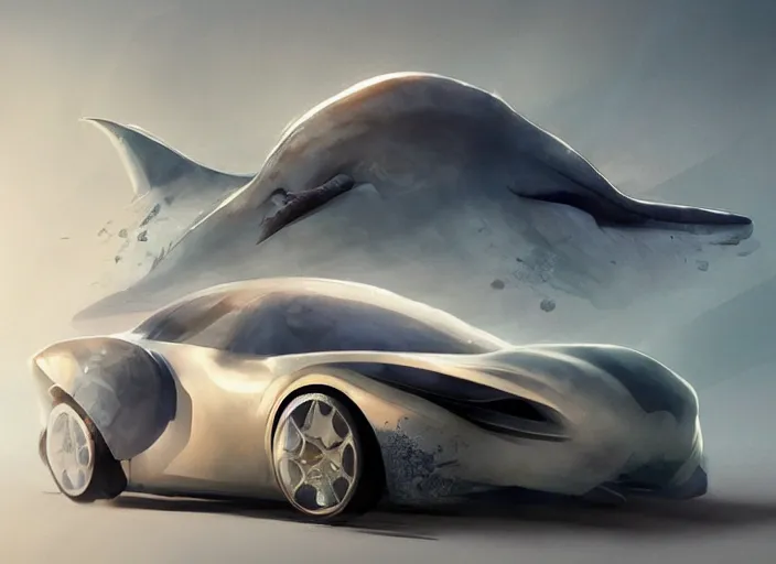 Image similar to beautiful concept design of a car that looks almost like a fish, a shark or a whale. car design by cory loftis, fenghua zhong, ryohei hase, ismail inceoglu, ruan jia, henrik fisker, bruce kaiser, scott robertson, dmitry mazurkevich, doruk erdem, and jon sibal. volumetric light