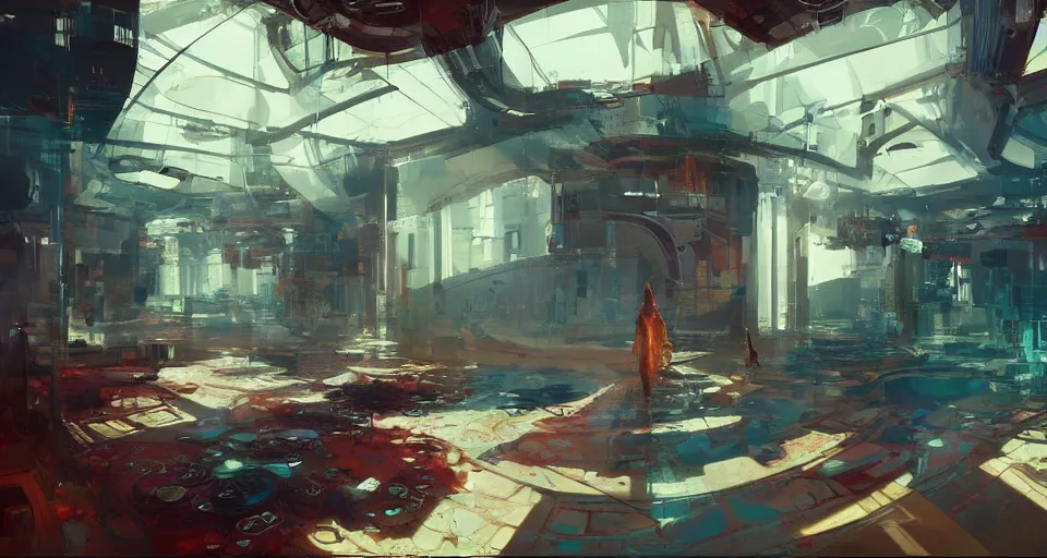 Image similar to futuristic apartment interior, intricate, elegant, vivid colors, highly detailed, john park, craig mullins, sparth, ruan jia, jeffrey catherine jones