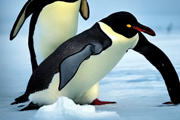 Image similar to movie scene closeup penguin wearing fishbone armor holding a katana sword in a lush arctic. by emmanuel lubezki