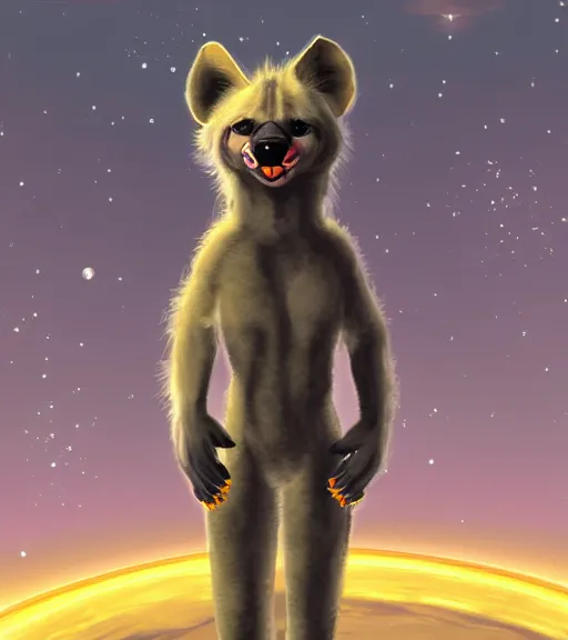 Prompt: full body digital artwork of anthromorphic female hyena, fursona, furry, furaffinity, deviantart, wearing space outfit, floating in space