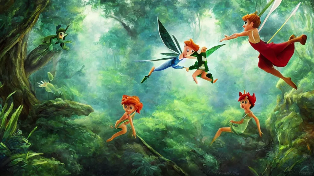 Image similar to Peter pan and Tinkerbell flying through a beautiful fantasy forest, trending on artstation, painterly style, concept art, oil painting