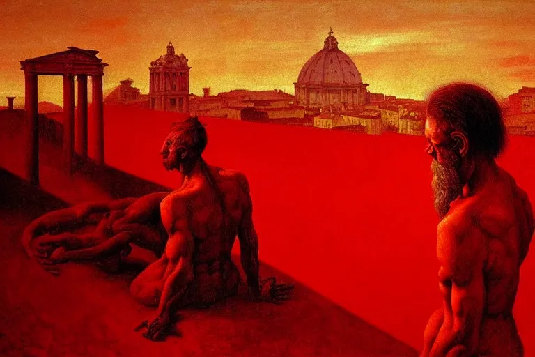 Image similar to only with red, caesar after war, a red tiger, in hoc signo vinces, rome in background, an ancient path, in the style of beksinski, part by hopper, part by rodcenko, part by hofbauer, intricate composition, red by caravaggio, insanely quality, highly detailed, masterpiece, red light, artstation