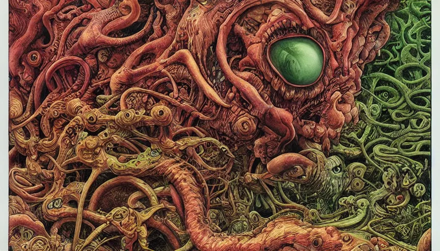 Prompt: madness creature, fluid, smooth, organic, crazy, bright, colours, tumours, dramatic, very detailed, intricate, by giger and corben and moebius and beksinski and bosch and bacon and junji ito
