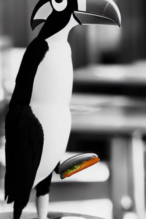 Image similar to an anthropomorphism toucan enjoying a meal at mcdonalds, photo taken in 1 9 6 6, highly detailed photography, 3 5 mm, natural light, bokeh effect