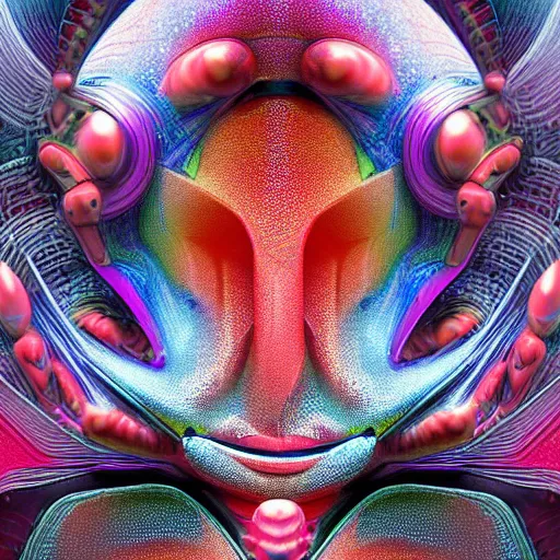 Image similar to Face of a Alien Deity, corals, circuitry, plume made of geometry, extremly detailed digital painting, sharp focus in the style of android jones, artwork of a futuristic artificial intelligence superstar, mystical colors, rim light, beautiful lighting, 8k, stunning scene, raytracing, octane, under water visual distortion, dark tones colors, trending on artstation