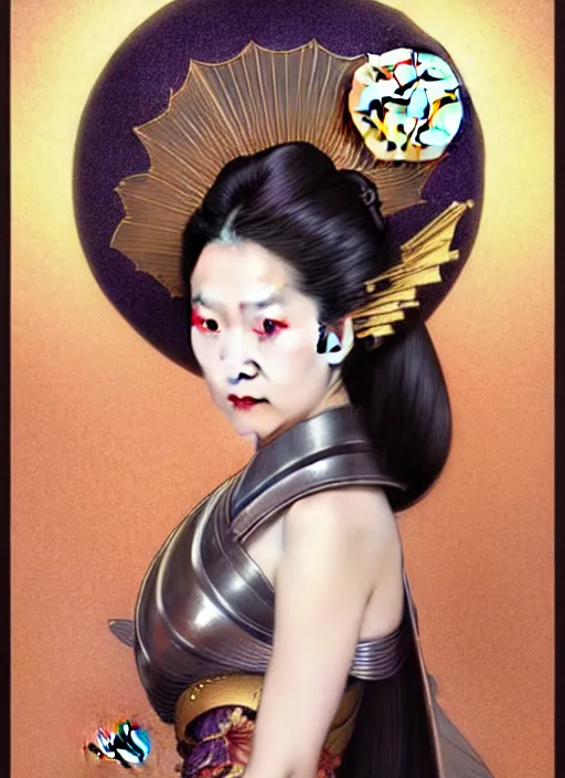 Prompt: Japanese geisha, glamorous moon, seductive eyes and face, elegant, lascivious pose, very detailed face, studio lighting, photorealism, wearing futuristic armor , portrait by Magali Villeneuve and Steve Argyle,Livia Prima,Mucha,dress,fantasy art,beautiful,artstation,trending on artstation,intricate details,alluring,masterpiece