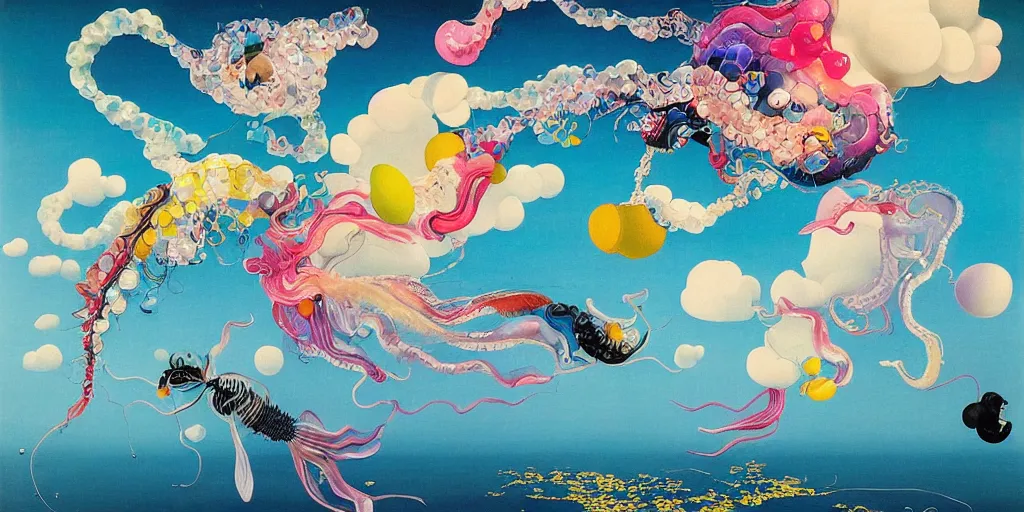 Prompt: !dream The Portuguese Man o' War Comes Down From The Mountain painting by Chiho Aoshima, Takashi Murakami, Yoshitomo Nara, Huang Yuxing and Aya Takano , Superflat art movement, chibi, soft pastel colors, very ethereal, soft glow, black box by Max Ernst The Scarlet Black Box, a rare and early work of Marth Rothko, omnious, sad, surrealism