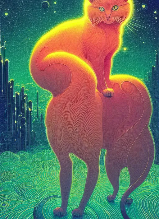 Prompt: prompt! dream symmetry!! stunning portrait of a cat!! by victo ngai, kilian eng vibrant colours, dynamic lighting, digital art, winning award masterpiece, fantastically beautiful, illustration, aesthetically inspired by beksinski and dan mumford, trending on artstation, art by greg rutkowski, 8 k