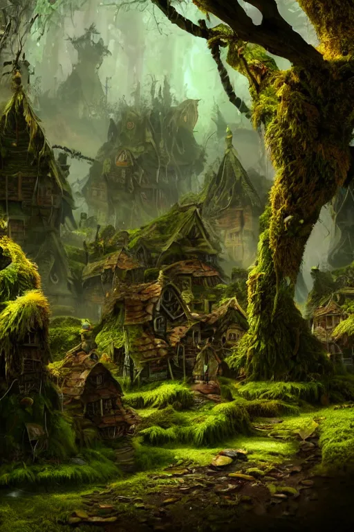 Image similar to a moss goblin village, dramatic lighting, cinematic, establishing shot, extremely high detail, foto realistic, cinematic lighting, post processed, concept art, high details, cinematic, 8k resolution, beautiful detailed, photorealistic, digital painting, artstation, concept art, smooth, sharp focus, artstation trending, octane render, unreal engine
