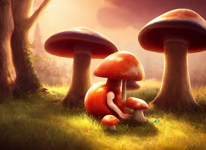 Image similar to a cute creature sitting next to a mushroom, golden hour, fantasy, sharp focus, digital art, hyper realistic, 4 k, unreal engine, highly detailed, hd, dramatic lighting by brom, trending on artstation