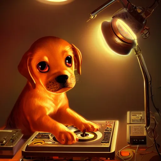 Image similar to puppy as a DJ, 8k, fantasy, intricate, cinematic lighting, highly detailed, digital painting, artstation, concept art, smooth, sharp focus, illustration, by Pixar