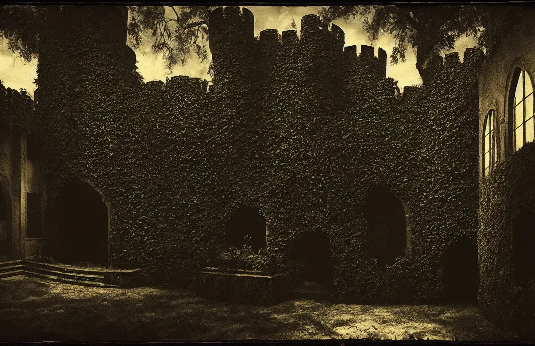 Prompt: sequestered corner of a garden within a castle walls intact flawless ambrotype from 4 k criterion collection remastered cinematography gory horror film, ominous lighting, evil theme wow photo realistic postprocessing nile river 5 meo painting by claude gellee