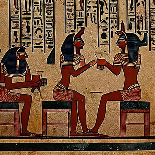 Image similar to highly detailed ancient Egyptian art with people drinking and serving coffee