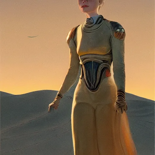 Image similar to Elle Fanning in the painted world of Dune, head and shoulders masterpiece, apocalypse, golden hour, cosmic horror, artstation, in the style of Andrew Wyeth and Edward Hopper and Bosch, extremely detailed