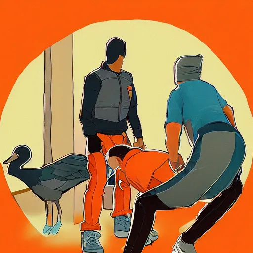 Image similar to goose being zipped - up by man in orange shirt, artstation