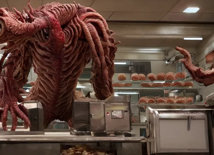 Image similar to film still of the demogorgon working in a bakery in the new stranger things movie, 4 k, highly detailed face, detailed eyes