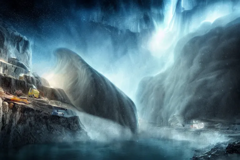 Image similar to favela spaceship cave tornado, snowy arctic environment, industrial factory, cliffs, peaks, bright, milky way, award winning art, epic dreamlike fantasy landscape, ultra realistic,