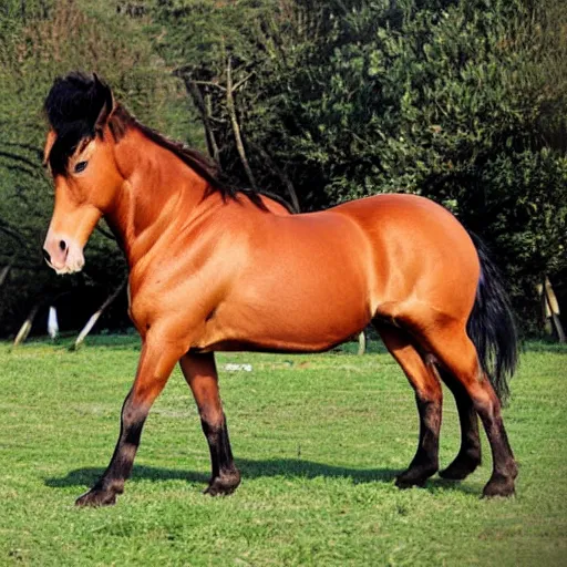 Image similar to a hyper obese horse. The horse is so fat that his legs can’t touch the ground