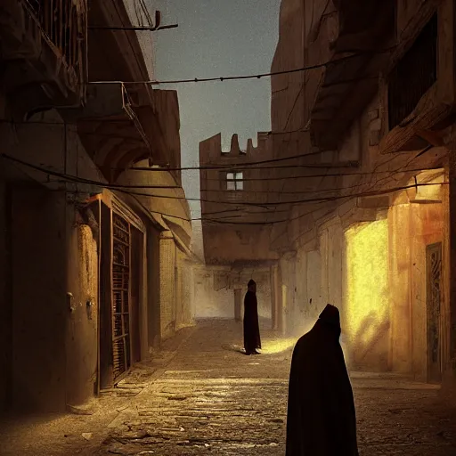 Image similar to old jeddah city alley, roshan, old shops, horse, magical glowing time portal, a man wearing a worn out white robe, dramatic lighting sci fi, by caspar david friedrich by beeple and james gilleard and justin gerard, centered, artstation, smooth, sharp focus, photoreal octane render, 3 d, by jean baptiste monge