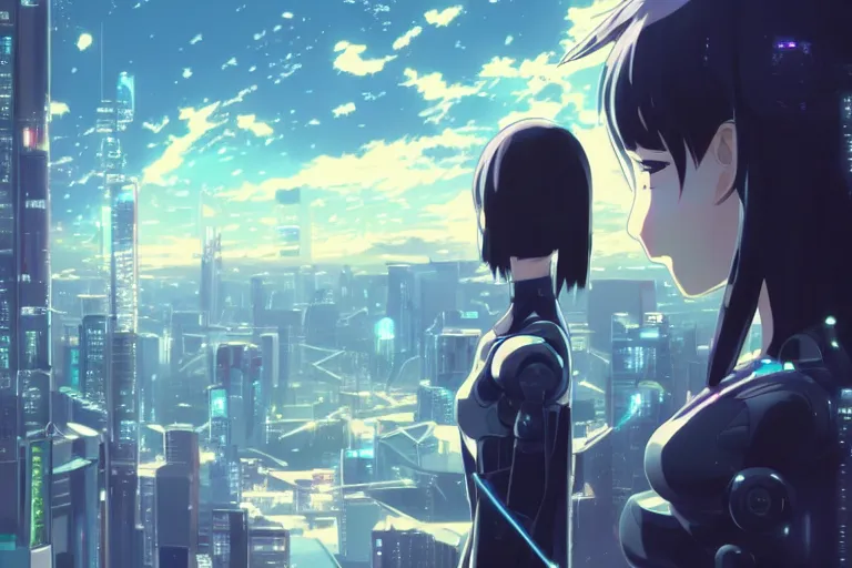 Prompt: makoto shinkai. robotic android girl. futuristic cyberpunk. dystopia. vibrant nebula sky. cybernetic