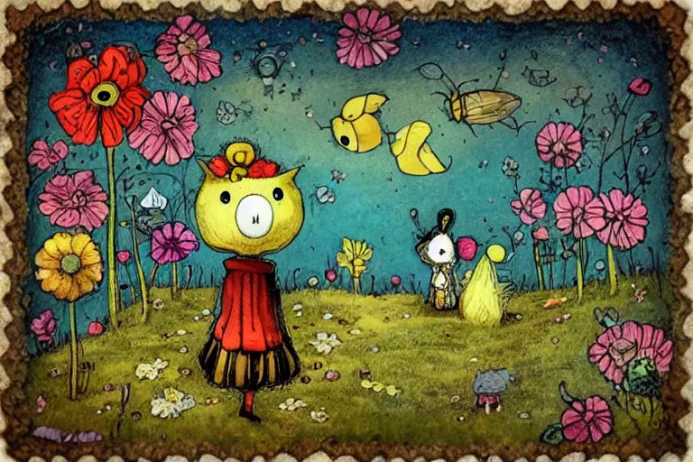 Prompt: 🐝🐞🦚🌸🌻 lowbrow in the style of alexander jansson,