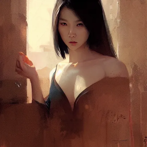 Prompt: lee jin - eun by greg rutkowski, rule of thirds, seductive look, beautiful