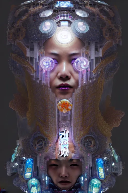 Image similar to dreamland of chinese, ghost, gorgeous and huge head ornaments, dystopian, cyberpunk, organic fractal mycelum and fungi, mecha, halfturn portrait of a big crystal face made of crystals half - turn, ominous, intricate, studio, art by anthony macbain + greg rutkowski + alphonse mucha, concept art, 4 k, sharp focus