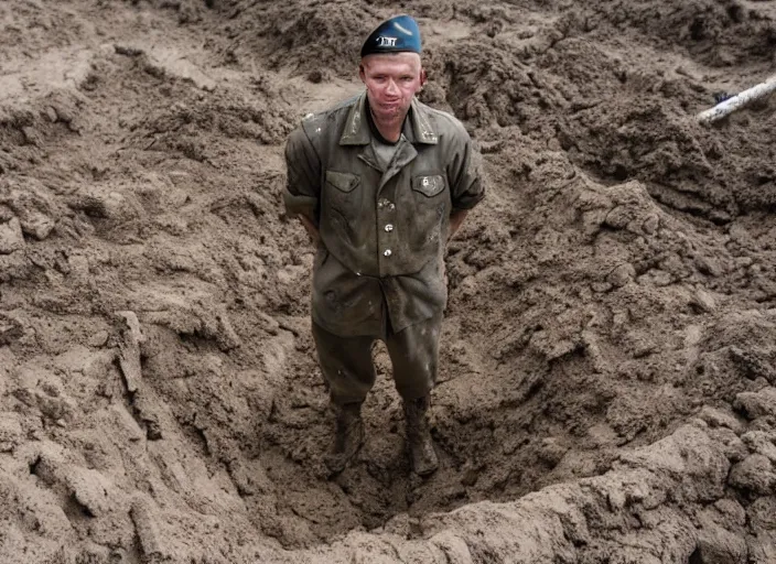 Image similar to a man wearing a dirty gray soldiers uniform stands in an 8 foot deep muddy pit