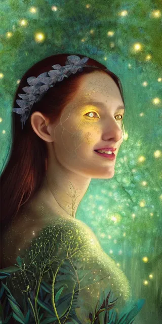 Image similar to adorable woman, serene smile surrounded by golden firefly lights, amidst nature fully covered by a intricate detailed dress, long red hair, precise linework, accurate green eyes, small nose with freckles, smooth oval shape face, empathic, expressive emotions, nocturnal spiritual scene, hyper realistic ultrafine art by artemisia gentileschi, jessica rossier, boris vallejo