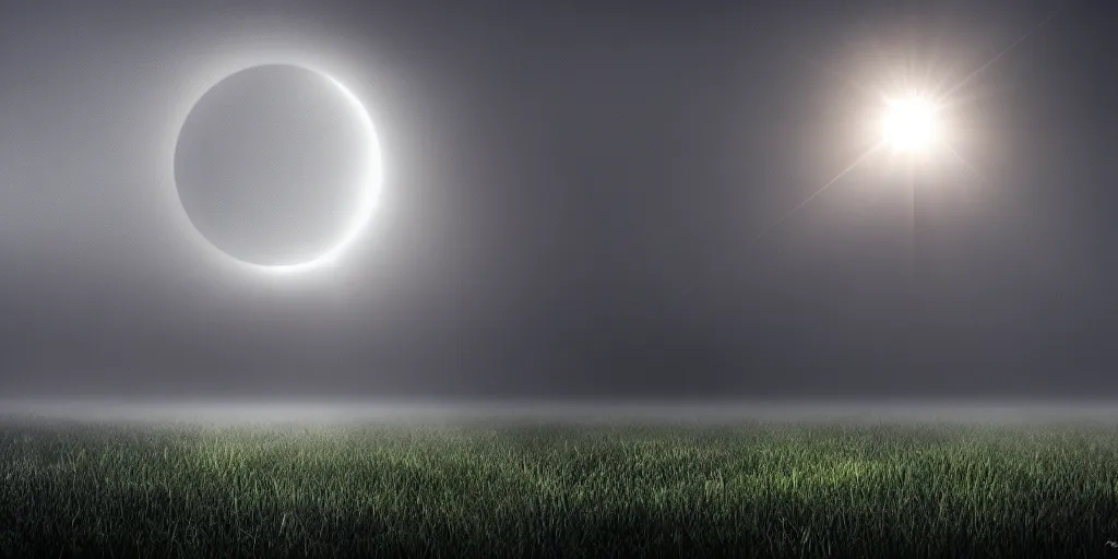 Image similar to solar eclipse, a triangular moon, sun rays, fog, photorealistic, calm environment