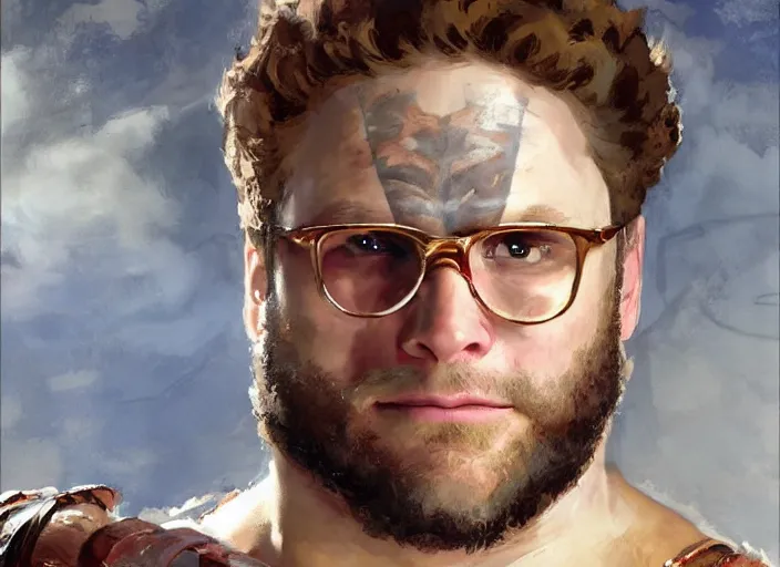 Prompt: a highly detailed beautiful portrait of seth rogen as kratos, by gregory manchess, james gurney, james jean