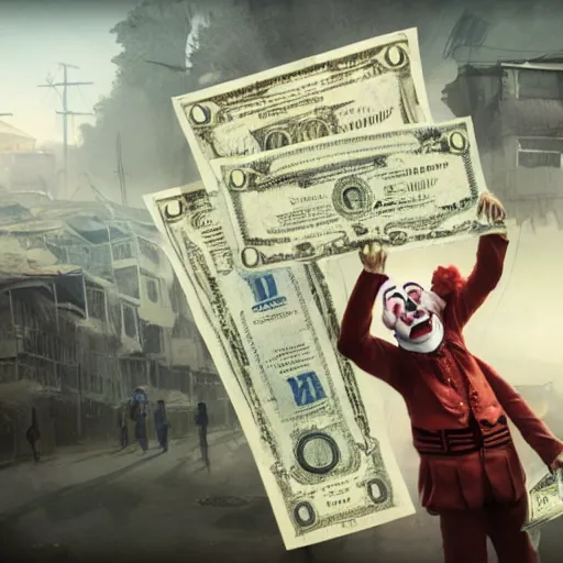 Prompt: A poor clown holding a giant dollar banknote, background is a slum, artstation, cgsociety, masterpiece