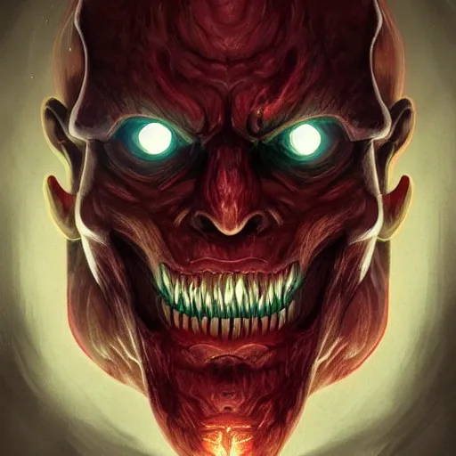Image similar to portrait of an intimidating glowing scary giant, face and skin is multicolored, glowing eyes, glowing veins of dark red, hero, villain, concept art, creepy