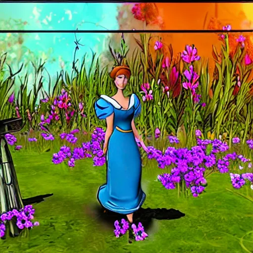 Prompt: Cinderella gardening flowers, in the style of Borderlands psycho video game, high contrast