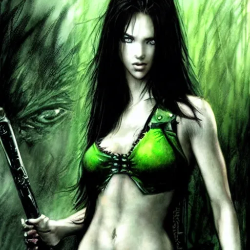 Prompt: female warrior, black hair, gorgeous green eyes, cinematic, by luis royo