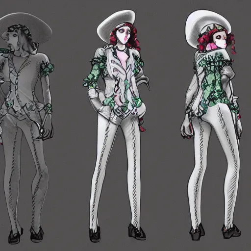 Image similar to clothing design concepts sheet, jester crown tophat,