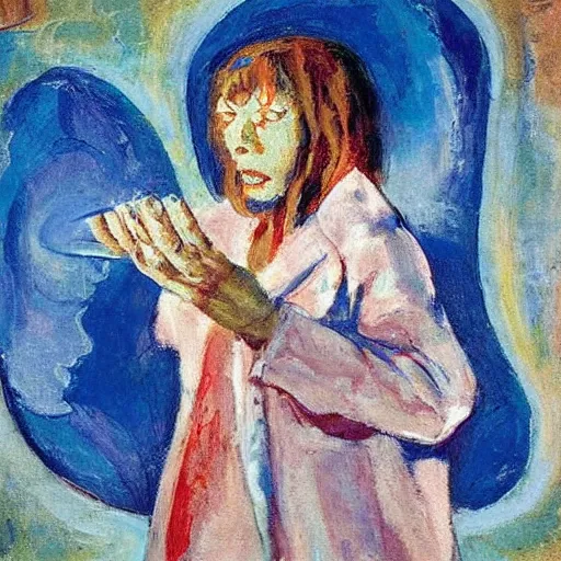 Prompt: A performance art. A rip in spacetime. Did this device in her hand open a portal to another dimension or reality?! warm blue by Leon Kossoff