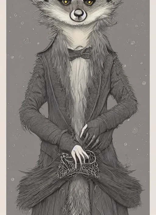 Image similar to a fantasy illustration portrait of an anthropomorphic raccoon mage, by victo ngai, by stephen gammell, by george ault, artstation