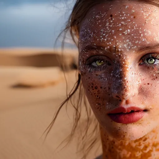 Prompt: a close - up portrait of a beautiful young woman with freckles, long dark eyelashes and amber eyes looking at the camera, liquid gold is running across her face. desert ambiance, dusty sky, professional photography