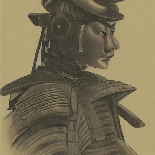 Image similar to portrait of a samurai robot ( c. 1 8 8 0 - c. 1 8 9 2 ) drawing in high resolution by otto eerelman