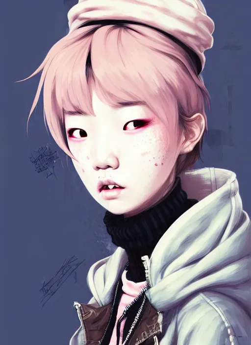 Image similar to highly detailed portrait of a korean sewer punk lady student, blue eyes, burberry hoody, hat, white hair by atey ghailan, by greg tocchini, by kaethe butcher, gradient pink, black, brown, cream and light blue color scheme, grunge aesthetic!!! ( ( graffiti tag wall, plain white background ) )