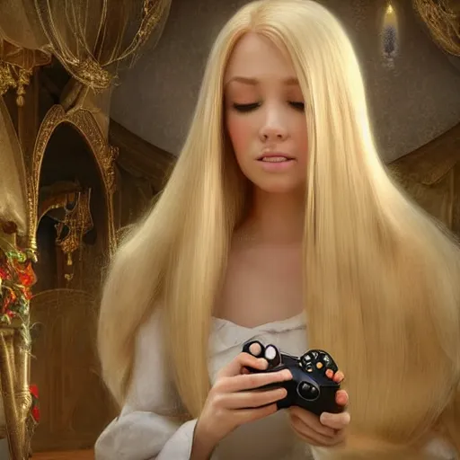 Image similar to disney princess with long blonde hair wearing elegant silk dress playing xbox in front of large television : : weta disney pixar movie still photo : : hi - fructose, decadent highly - detailed digital painting, golden ratio, octane render, artstation, cinematic composition, smooth, sharp focus, artgerm, mucha, loish, wlop