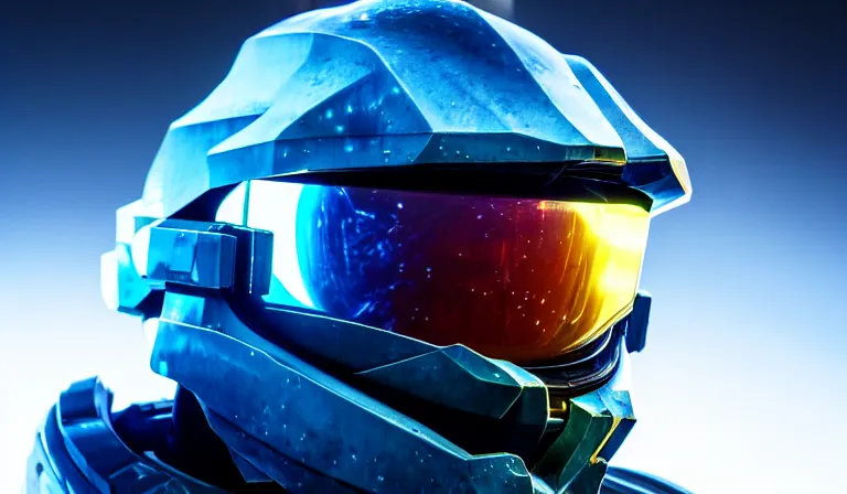 Image similar to cyberpunk halo helmet on space looking up, close shot, reflection, epic, dramatic, cinematic, award winning, ultra detailed, realistic, 8k,