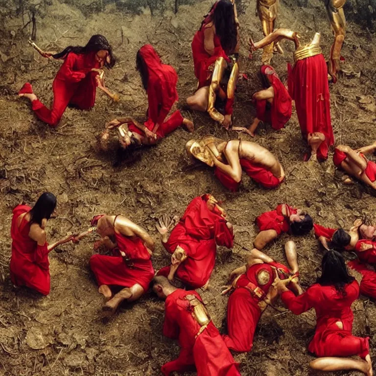 Prompt: members of esoteric cult sacrificing male in mass graves, ektachrome hyper realistic and detailed, wear heavy red ornemental costumes and elongate gold masks and jewels