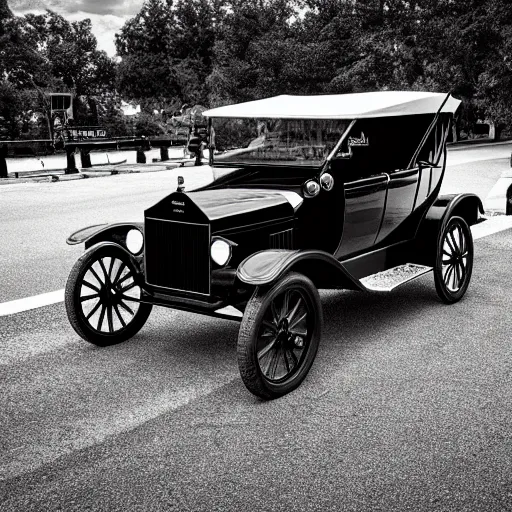 Image similar to Model T Ford with huge rims, (Sony a7R IV, symmetric balance, polarizing filter, Photolab, Lightroom, 4K, Dolby Vision, Photography Award, black and white)